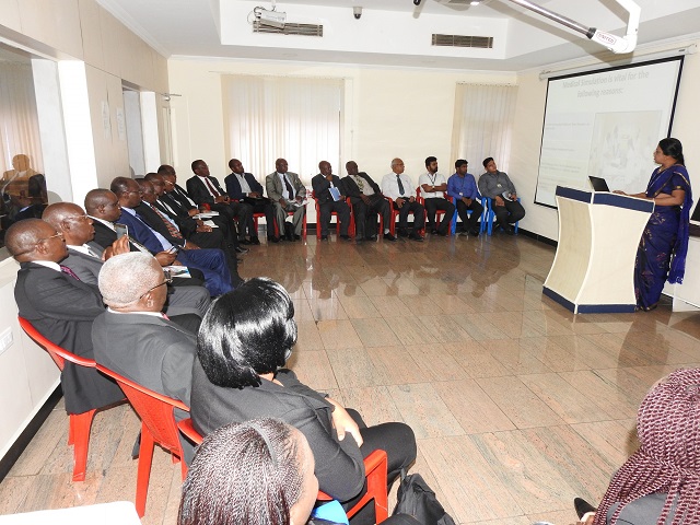 A lecturer from the SRM Simulation centre explains the teaching process at the medical school where they mainly use mannequins for practical.Following proceedings is Higher and Tertiary Education Science and Technology Development Minister Professor Jonathan Moyo , vice Chancellor from State universities and ministry officials.