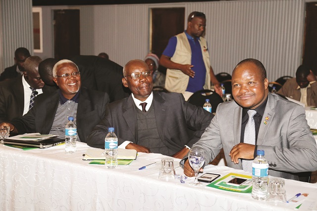 From right, High and Tertiary Education, Science and Technology Development Deputy Minister Dr Godfrey Gandawa, acting National University of Science and technology (Nust) vice chancellor Professor Samson Sibanda and Gwanda University college of Nust acting Dean Faculty of engineering Dr Abraham Nyoni follow proceedings during a business luncheon held at Bulawayo hotel on Monday