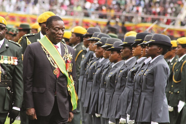 President Emmerson Mnangagwa inspects a parade mounted by the Zimbabwe Defence Forces at his inauguration at  National Sports Stadium in Harare - (Picture by Tawanda Mudimu)