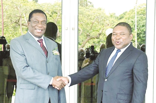 President Mnangagwa is welcomed by his Mozambican counterpart Cde Filipe Nyusi at State House in Maputo yesterday. It was the fourth leg of President Mnangagwa’s tour of the region to brief Sadc leaders about political developments in Zimbabwe