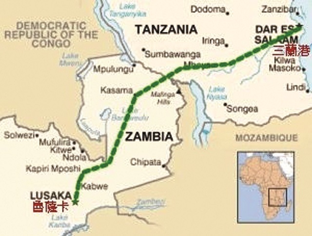 The Tan-Zam railway line provides a transcontinental link between the Indian and Atlantic Oceans (at Angola)